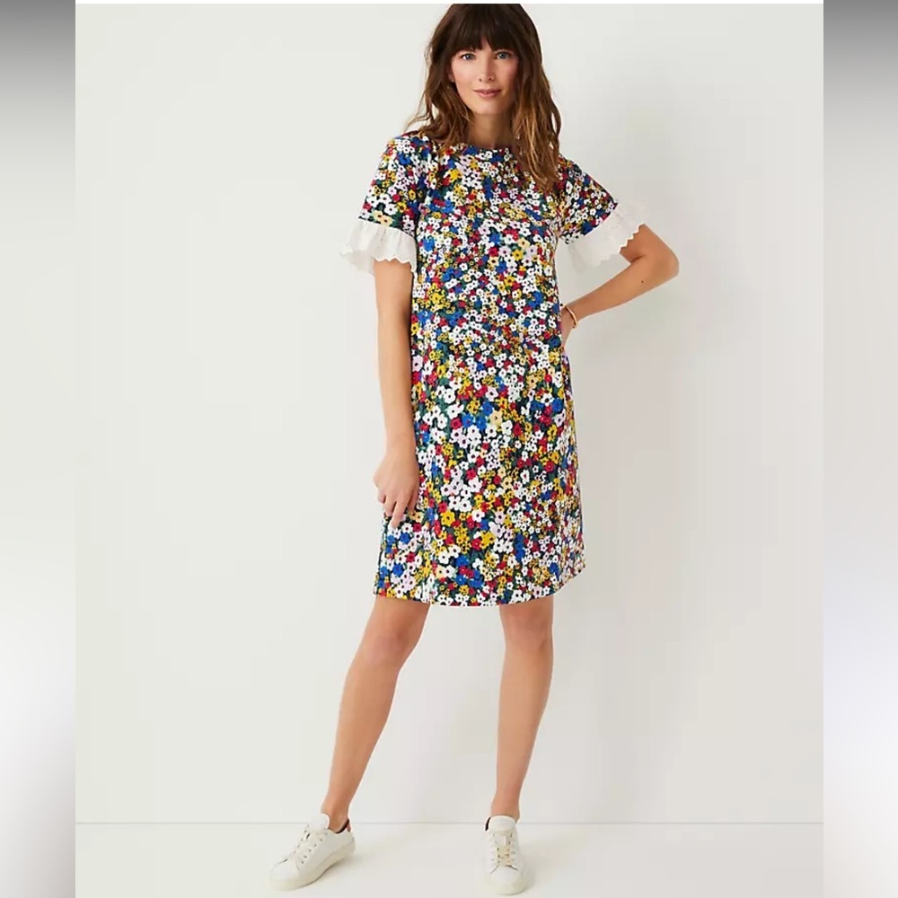 Ann Taylor floral eyelet cuff shift dress